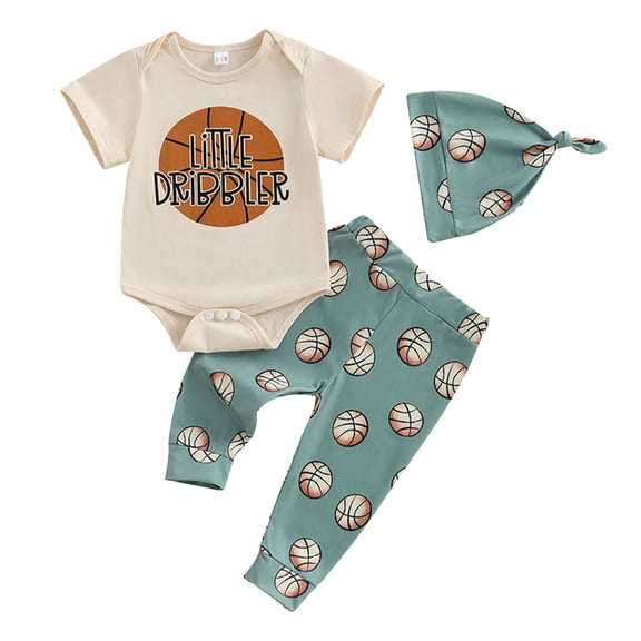Sgkm Baby Clothes Boy Newborn Boy Outfits Basketball Graphic Romper Pants Hat Toddler Game Day 3pcs Outfit