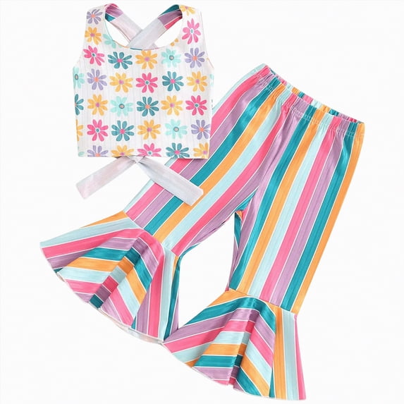 Sgkm Baby Girl Bell Bottoms Outfits Ruffled Sleeve All Over Floral Print Top Flared Pants Set Toddler Clothes Trendy 2pcs
