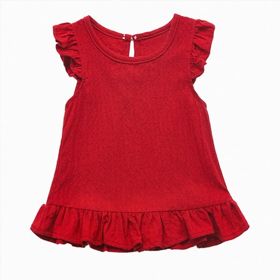 Sgkm Baby Kids Girl T Shirts with Fly Sleeve Ruffle Solid Color Cotton Top Round Neck Summer Clothes Breathable Red 3-4 Years