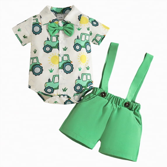 Sgkm Boys Summer Outfits Tractor Pattern Toddler Suit Romper Shirts Button Suspender Shorts Sets Travel Clothes