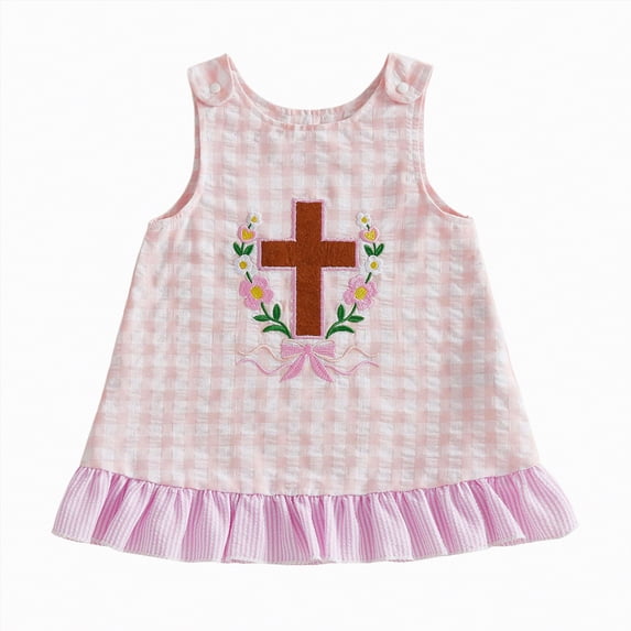 Sgkm Dresses for Girls Crew Neck Embroidery Ruffle Plaid Dresses Sleeveless Toddler 18 Months Girl Clothes