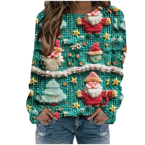 Sgkm Fashion Womens Tops Christmas Graphic O Neck Oversized Sweatshirt Vibrant Tops for Women Trendy M Green