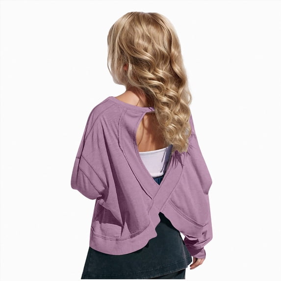 Sgkm Girls Athletic Shirts Open Back Crop Tee Short Sleeve Workout Top for Yoga Gym Running Summer Activewear Dark Purple 9-10 Years