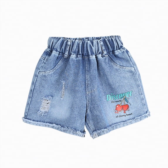 Sgkm Girls Jean Shorts Ripped Stylish Pattern Printed Girls Shorts with a Line Design Cuffed Clothes