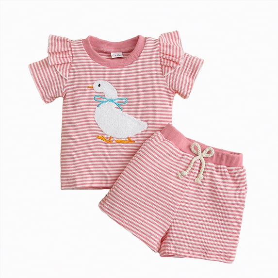 Sgkm Girls Spring Outfits Cute Cartoon Goose Embroidery Printed Short Sleeve Round Neck Top Shorts Set for Outdoor Activities