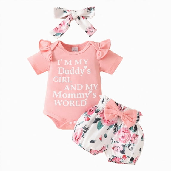 Sgkm Girls Summer Outfits Romper Tops Floral Shorts Sets Hairband My First Mothers Day Outfit for Baby Girl Pink 3-6 Months