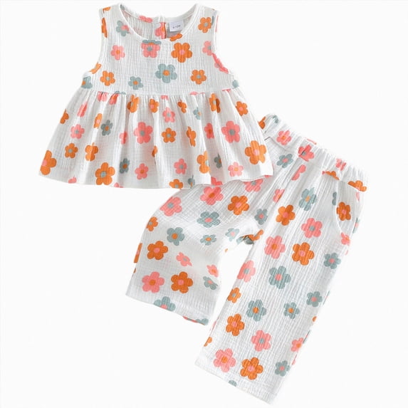 Sgkm Girls Summer Outfits Round Neck Sleeveless Top Wide Leg Pants Set with Colorful Floral Printed Baby Girl Clothes White 3-4 Years