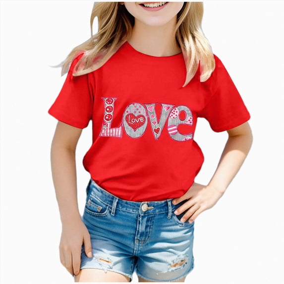 Sgkm Girls T Shirts Trendy Love Cute Printed Short Sleeve Crewneck Top Girls Clothes Summer Holiday Party Tee Red 7-8 Years