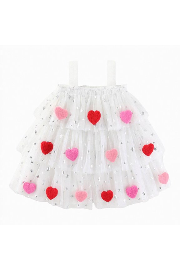Girls Valentines Dress Plush Heart Sleeveless Layered Tutu Dress Baby Valentines Outfit Girl Wide Strap