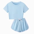 thumbnail image 1 of Sgkm Gymnastics Outfits for Girls Soft Two Piece Summer Outfit Set Round Neck T Shirt Top and Casual Shorts for Children Boys Girls Light Blue 9-10 Years, 1 of 4