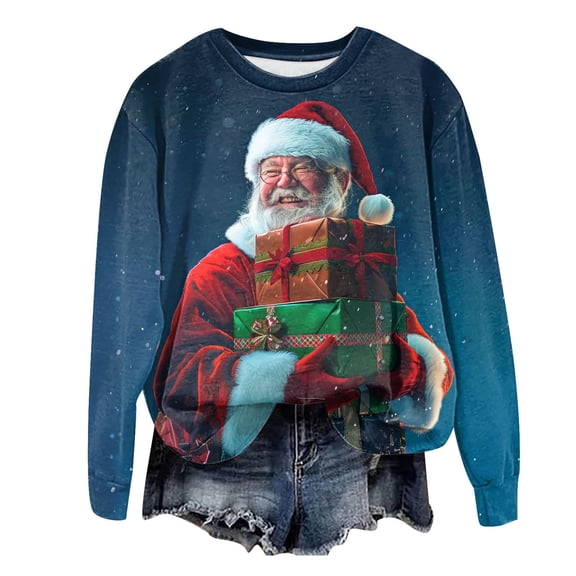 Sgkm Oversized Crewneck Sweatshirt Women Cropped Long Sleeve Sweater Shirt Going Out Tops for Women Christmas XL Navy