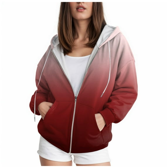Sgkm Oversized Hoodies for Women Color Change Jackets Thermal Zip Hoodies Trendy Womens Blouses Casual Red S