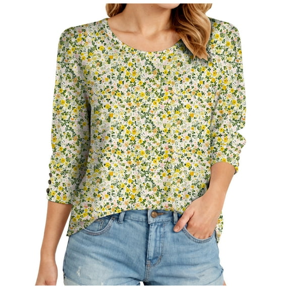 Sgkm Plus Size Spring Clothes For Women 3/4 Sleeve With Buttons Floral Print Blouses