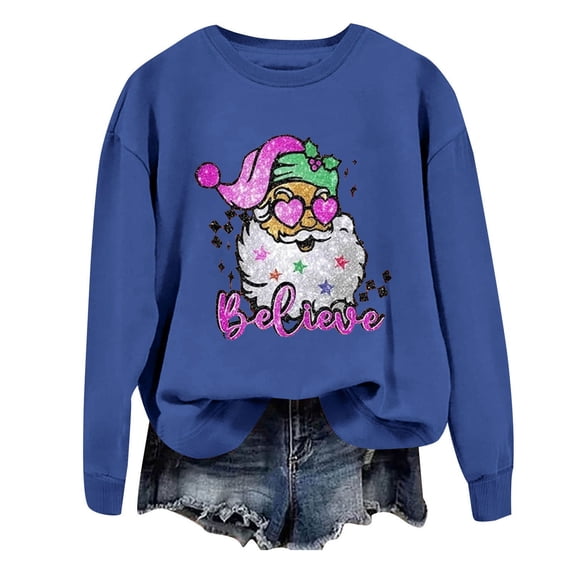 Sgkm Plus Size Womens Sweatshirt Vintage Christmas Print Cozy Festive Design Oversized Shirts for Women Top Sunny Outings M Blue