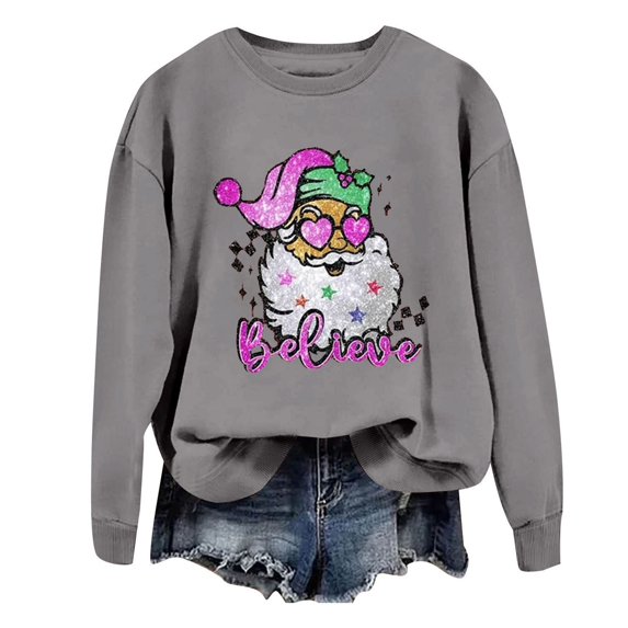 Sgkm Plus Size Womens Sweatshirt Vintage Christmas Print Cozy Festive Design Oversized Shirts for Women Top Sunny Outings XXL Grey