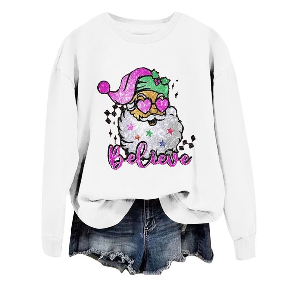 Sgkm Plus Size Womens Sweatshirt Vintage Christmas Print Cozy Festive Design Oversized Shirts for Women Top Sunny Outings XXL White