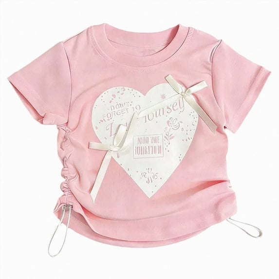 Sgkm Shirts for Girls Cute Bow Preppy Graphic Tee Summer Top Cotton Crewneck Regular Fit Everyday Wear Red 11-12 Years