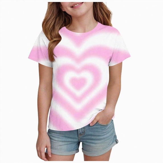 Sgkm Summer Girls T Shirt Short Sleeved Stylish Summer Shirts with Gradient Color Heart Shaped Pattern Holiday Clothes Dark Purple 4-5 Years