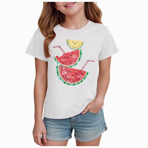 Sgkm Teen Girl Shirts Short Sleeved Little Girl Print Graphic Tee Cute Summer Watermelon Print Crewneck White 7-8 Years