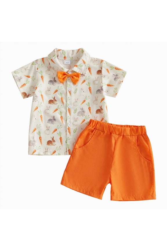 Toddler Boy Easter Outfit Gentle Easter Party Short Sleeve Outfit Button Down Shirts Solid Color Shorts with Bow Tie Suit