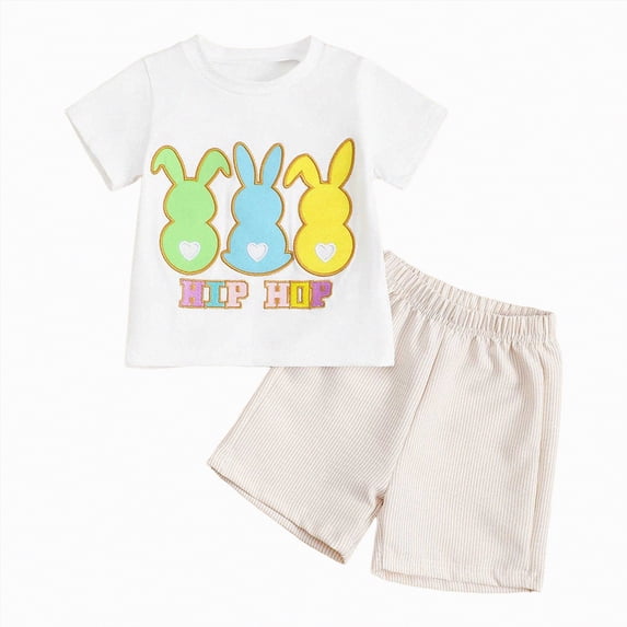 Sgkm Toddler Boy Easter Outfit Rabbit Embroidery 2pcs T Shirt Knitted Shorts Outfit Summer Easter Clothes