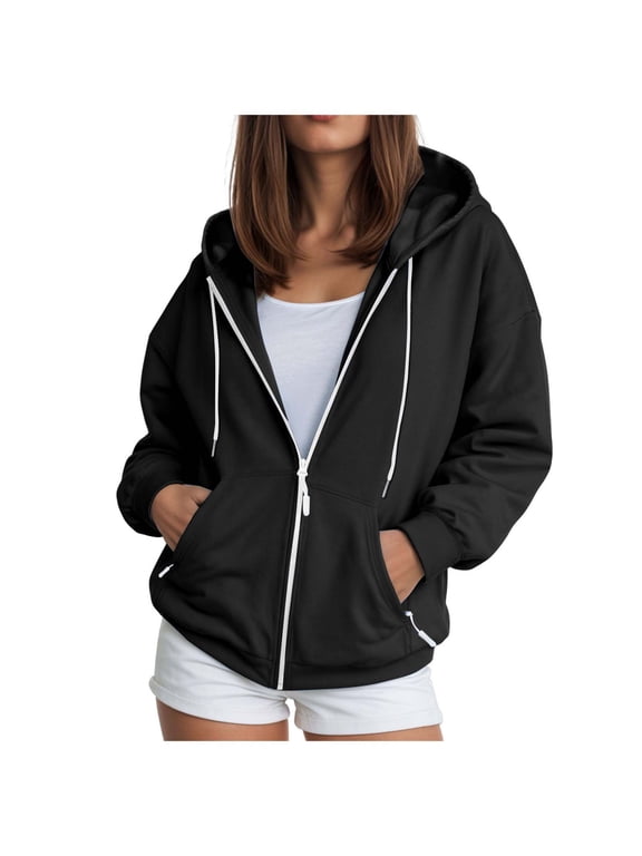 Women Sweat Jacket with Hood Women Oversize Zip Sports Jacket Sweatshirt Jacket Lightweight Hoodies Black S