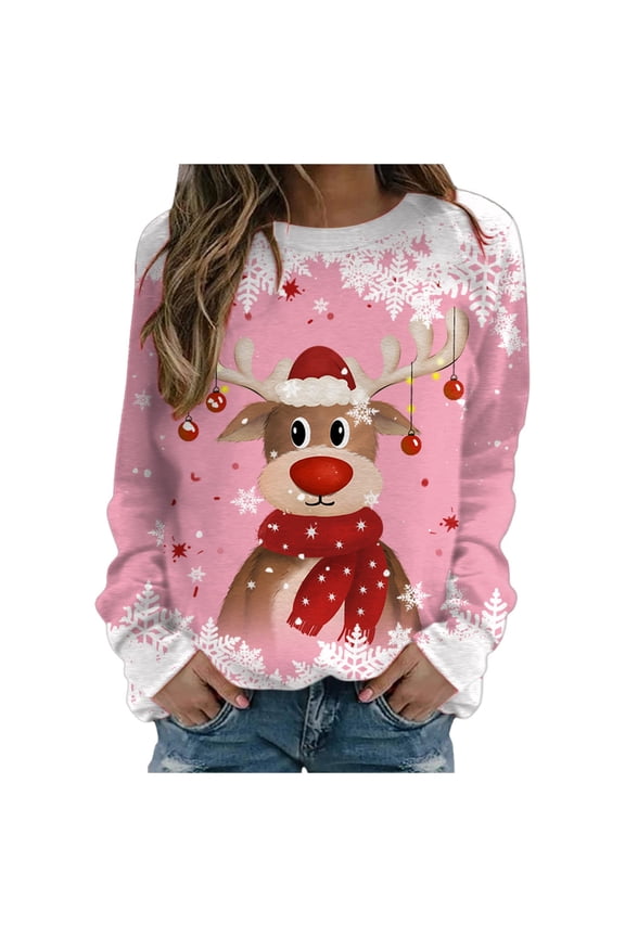 Womens Blouses Dressy Casual Christmas Deer Head Printed Sweaters Cute Tops for Women Merry Christmas Pink S