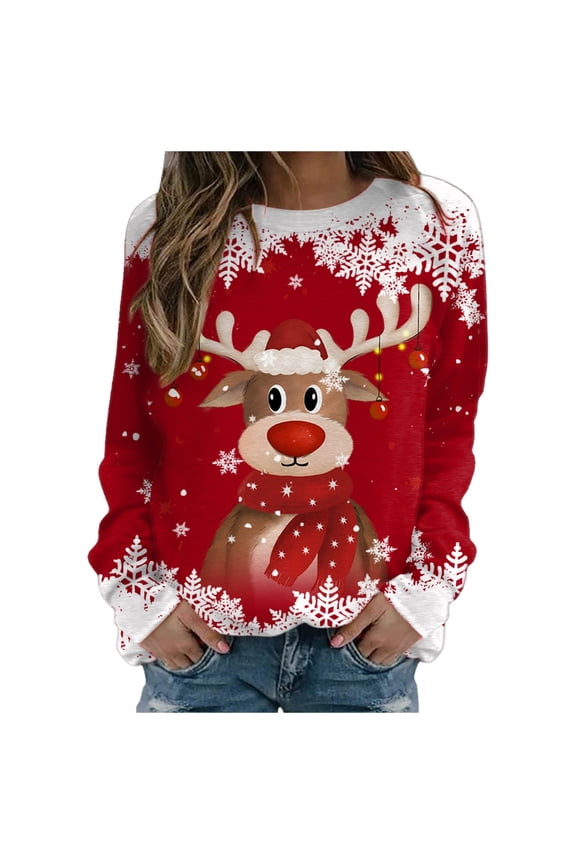 Womens Blouses Dressy Casual Christmas Deer Head Printed Sweaters Cute Tops for Women Merry Christmas Red XXL