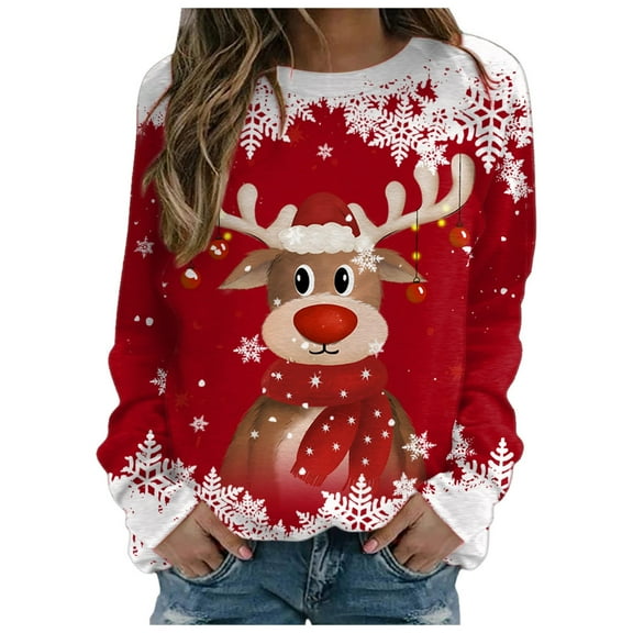 Sgkm Womens Blouses Dressy Casual Christmas Deer Head Printed Sweaters Cute Tops for Women Merry Christmas Red XXL
