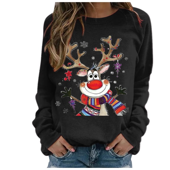 Sgkm Womens Christmas Sweatshirt Reindeer Pattern Pullover Print Long Sleeve Comfortable Womens Tops Cold Weather L Black