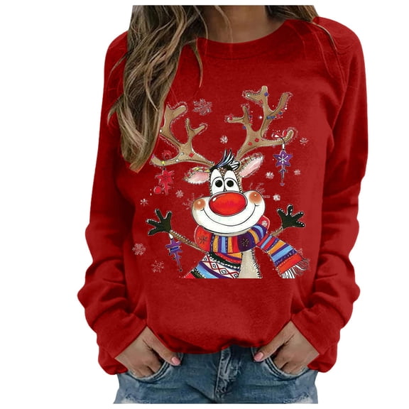 Sgkm Womens Christmas Sweatshirt Reindeer Pattern Pullover Print Long Sleeve Comfortable Womens Tops Cold Weather M Red