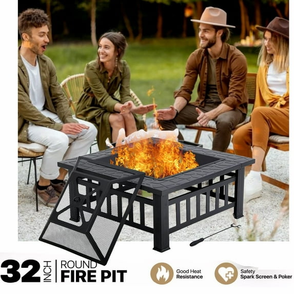 Sgokeen Fire Pit for Outside, 32" Outdoor Wood Burning Firepit with Fireplace Screen, Patio Fireplace Square Metal Stove for Camping, Outdoor Heating, Bonfire and Picnic, Black