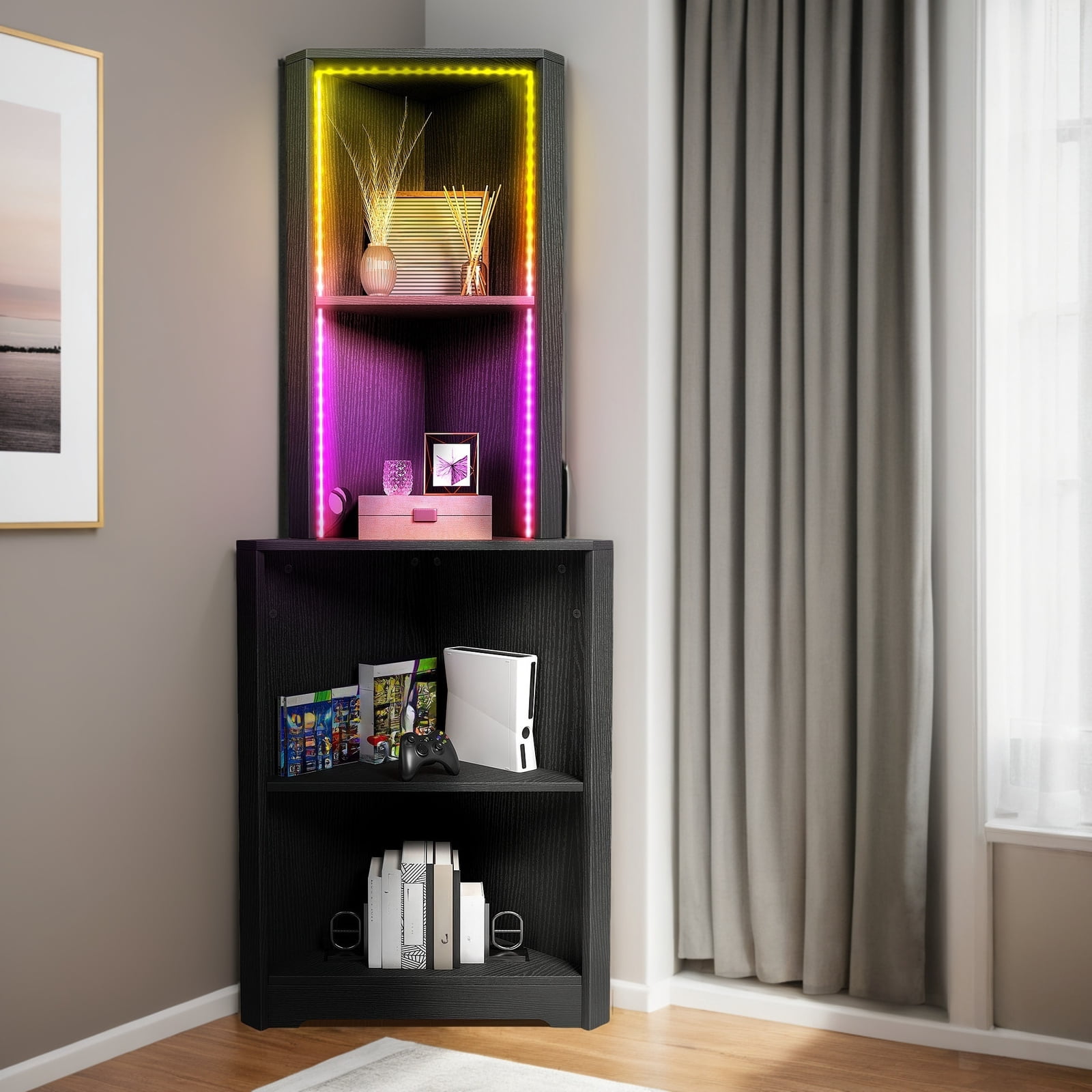 SgoodS 5 Tier Corner Shelf with LED Light Bookcase Storage Display Rack ...