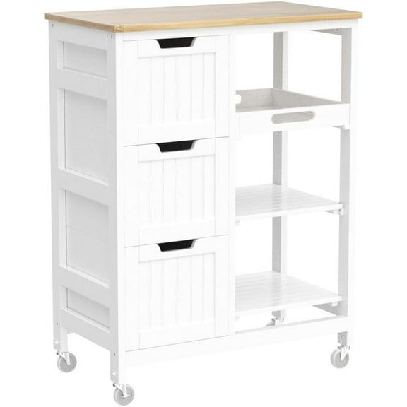 SgoodS Kitchen Island Cart on Wheels with Bamboo Countertop, Rolling Serving Utility Trolley Cart with 3 Drawers, 3 Removable Shelves & Lockable Casters, Storage Cabinet for Dining Room, Bar, White
