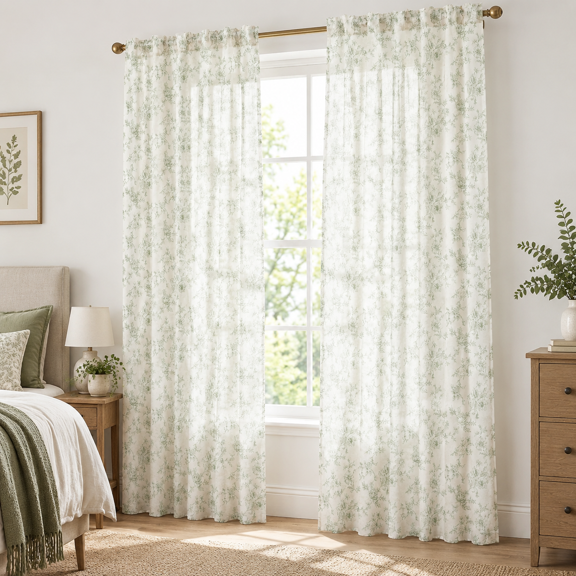 Sgreen Flpatterned Linen Curta Botanical Print Light Filtering Sheer Drapes Vintethereal Englishtfor Living Room Bedroom 84 Inches