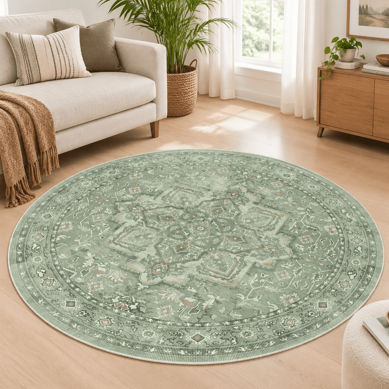 Sgreen Round Washable Rugs 5ft Transitional Vintfarmhouse 5 Feet Circle ...