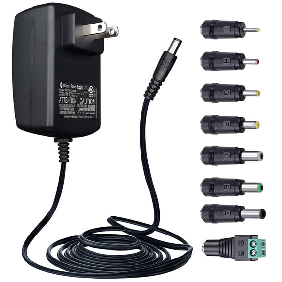Sguanglin UL Listed 12V 2A Power Adapter with 8 Tips, 10ft AC to DC 24W 2000mA Replacement Power Cord for CCTV Security Camera, DVR, Webcam, LED Strip, Router, Speaker, LED Mirro