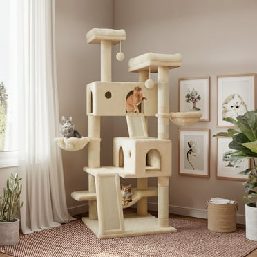 Sha Cerlin 65.7 " Large Cat Tree Tower Condo for Cats with 2 Scratching Ramps, Hammock & Scratching Posts, Beige