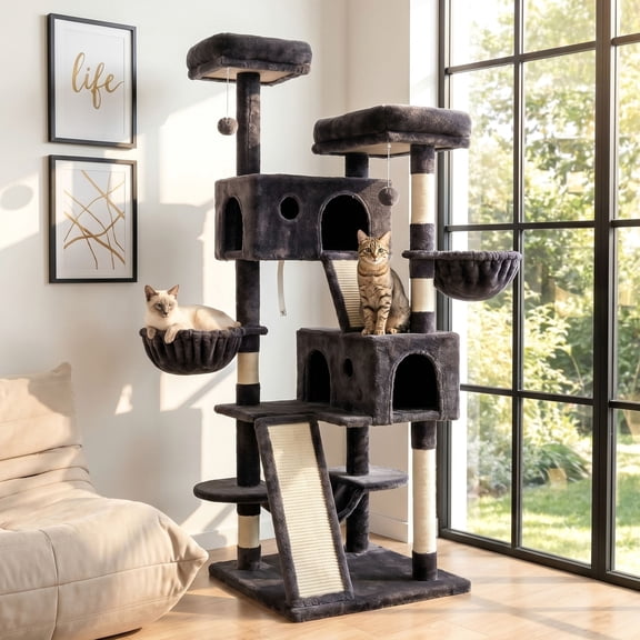 Merrland 65.7 " Large Cat Tree Tower Condo for Cats with 2 Scratching Ramps, Hammock & Scratching Posts, Dark Blue