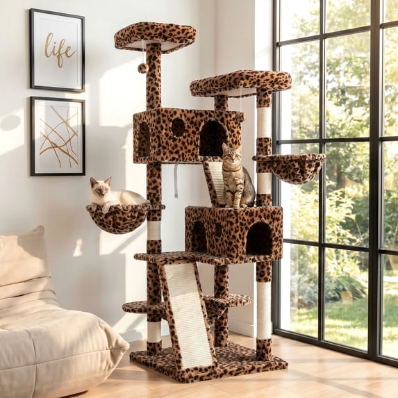 Merrland 65.7" Large Cat Tree Tower Condo for Cats with 2 Scratching Ramps, Hammock & Scratching Posts, Leopard Print
