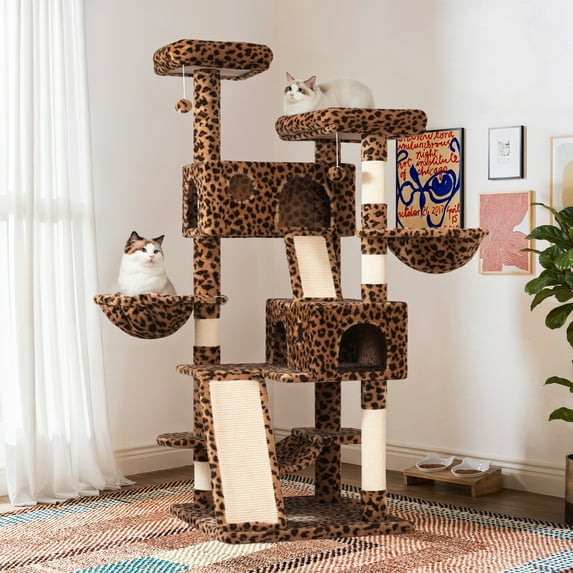 Sha Cerlin 65.7" Large Cat Tree Tower Condo for Cats with 2 Scratching Ramps, Hammock & Scratching Posts, Leopard Print