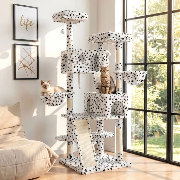 Merrland 65.7" Large Cat Tree Tower Condo for Cats with 2 Scratching Ramps, Hammock & Scratching Posts, White & Black Spot