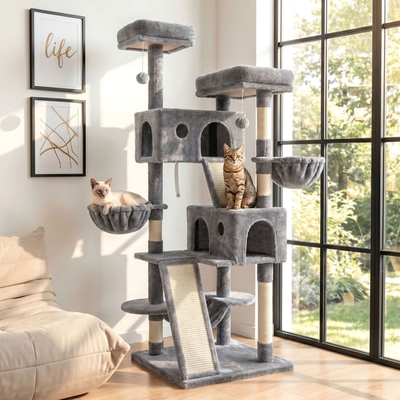 Merrland 65.7 " Large Cat Tree Tower and Condo for Cats with Hammock & Scratching Posts, Grey