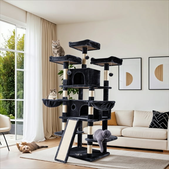 Sha Cerlin 68" X Large Cat Tree and Tower for Cats with Condo House, Sisal Scratching Board & Posts, Dark Blue
