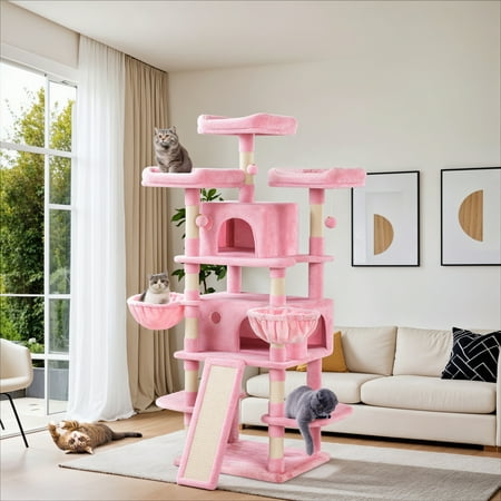 Sha Cerlin 68" X Large Cat Tree and Tower for Cats with Condo House, Sisal Scratching Board & Posts, Pink