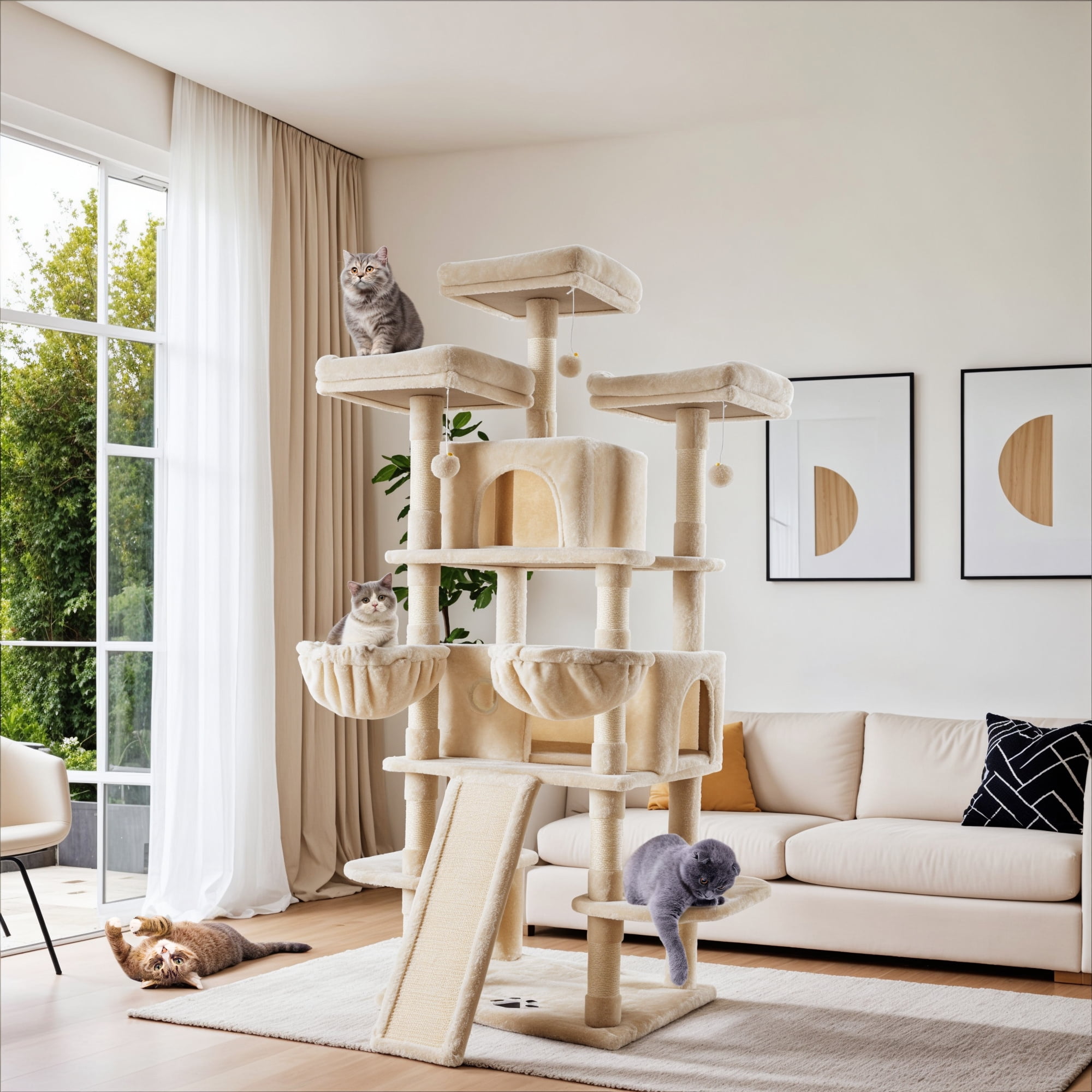 Sha Cerlin 68" X Large Cat Tree and Tower for Cats with Condo House, Sisal Scratching Board & Posts, Beige