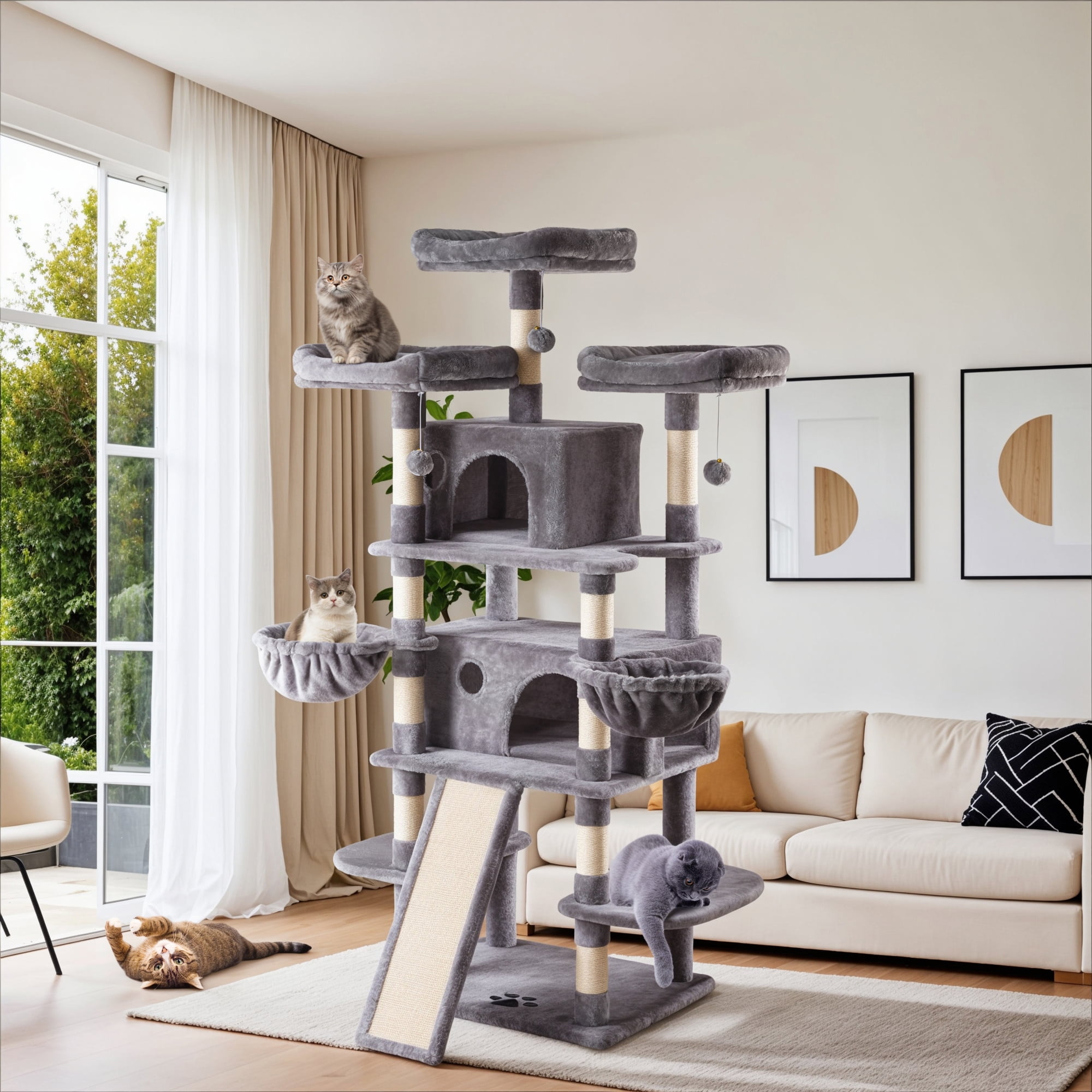 Sha Cerlin 68" X Large Cat Tree and Tower for Cats with Condo House, Sisal Scratching Board & Posts, Gray