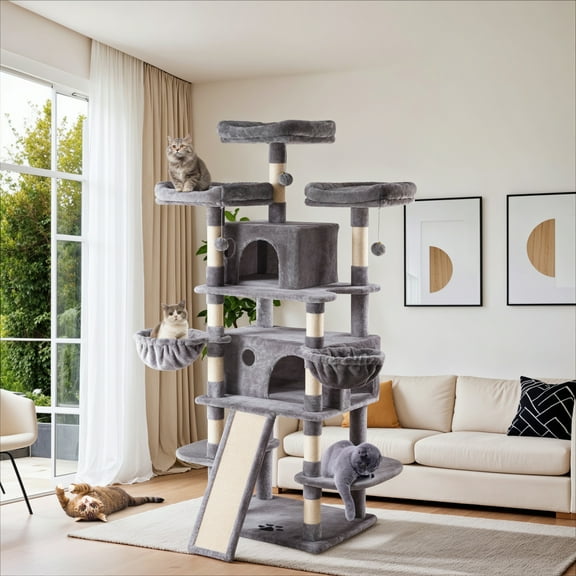 Sha Cerlin 68" X Large Cat Tree and Tower for Cats with Condo House, Sisal Scratching Board & Posts, Gray