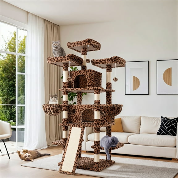 Sha Cerlin 68" X Large Cat Tree and Tower for Cats with Condo House, Sisal Scratching Board & Posts, Leopard Print