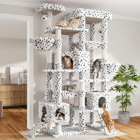 Sha Cerlin 87 in Multi-Level Tall Cat Tree Tower for Large Cats/Extra Wide Feline Activity Center/Sisal Scratching Posts/Wide Base/Cozy Plush Perches/Baskets/Hammocks/Toy Balls/White and Black Spot